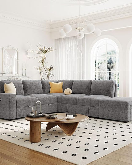 90.6'' L-shaped Modular Sectional Sofa with Storage Space, Ottoman and Pull-Out Bed, 6 Seat Upholstered Couch w/USB Ports & Cup Holders, for Living Rooms, Offices, Apartments, Gray, 90.6 Inch - LeafyLoom