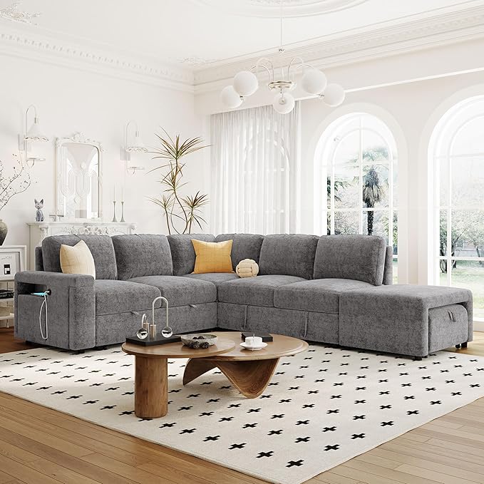 90.6'' L-shaped Modular Sectional Sofa with Storage Space, Ottoman and Pull-Out Bed, 6 Seat Upholstered Couch w/USB Ports & Cup Holders, for Living Rooms, Offices, Apartments, Gray, 90.6 Inch - LeafyLoom