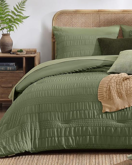 CASAAGUSTO Full Size Comforter Set, 7 Pieces Olive Green Seersucker Bed in a Bag Full Size Soft All Seasons, Bedding Sets Full with Comforter, Flat Sheet, Fitted Sheet, 2 Pillow Shams, 2 Pillowcases - LeafyLoom