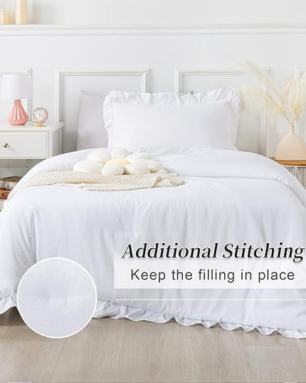 Andency White Comforter Twin Size, 2 Pieces Solid Farmhouse Shabby Chic Ruffle Bedding Comforters & Sets, All Season Soft Lightweight Fluffy Bed Set for Kids Girls Teens - LeafyLoom