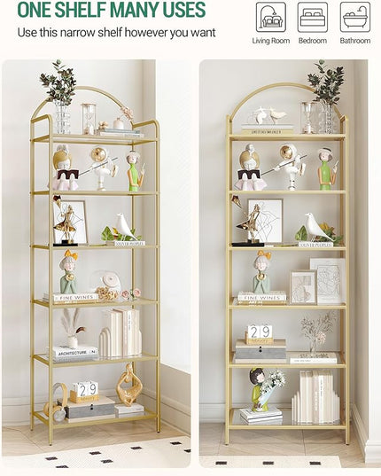 Bookcase Bookshelf, Tempered Glass Bookshelves, Slim Shelving Unit for Bedroom, Bathroom, Home Office, Steel Frame, 6 Tier Gold BC21699G - LeafyLoom