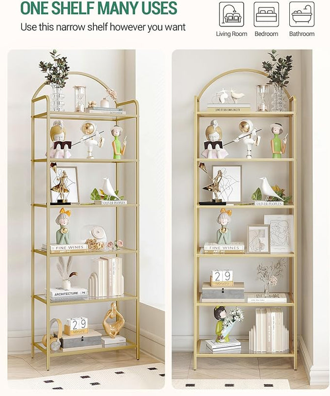 Bookcase Bookshelf, Tempered Glass Bookshelves, Slim Shelving Unit for Bedroom, Bathroom, Home Office, Steel Frame, 6 Tier Gold BC21699G - LeafyLoom