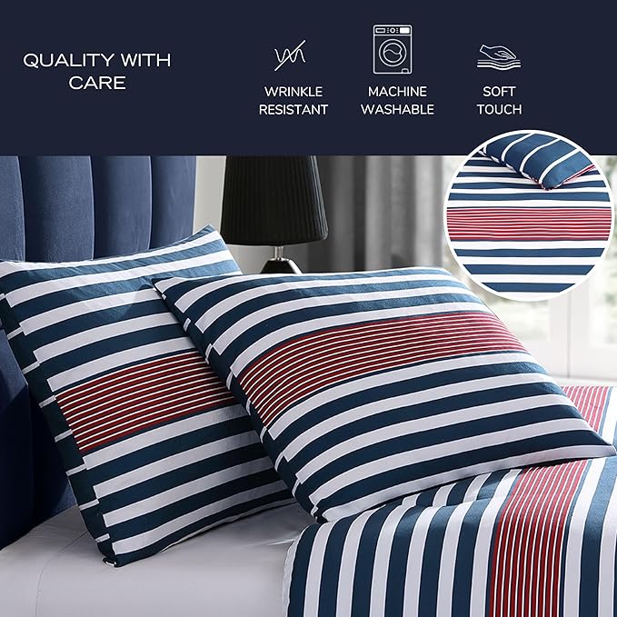 Nautica - Comforter Set, Soft Reversible Bedding with Matching Shams, Striped Home Decor (Kennedy Stripe Navy Blue, King) - LeafyLoom