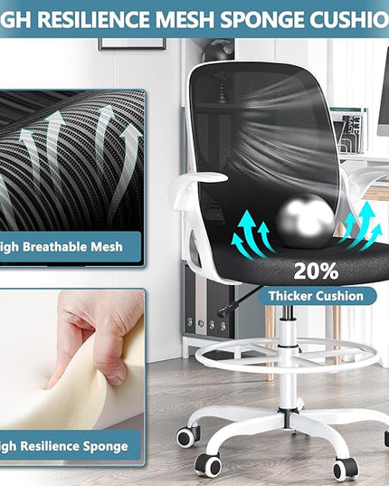 Drafting Chair Tall Office Chair for Standing Desk Adjustable Tall Desk Chair with Footrest Ring and Lumbar Support Ergonomic Computer Chair with Flip-up Armrests (White) - LeafyLoom