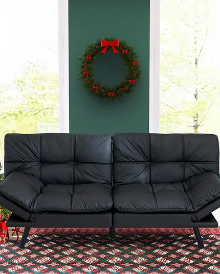 Futon Bed/Couch,Black Faux Leather Memory Foam Small Splitback Convert Backrests&Armrests,Easy to Clean Sofas, 71x33x31.5IN - LeafyLoom