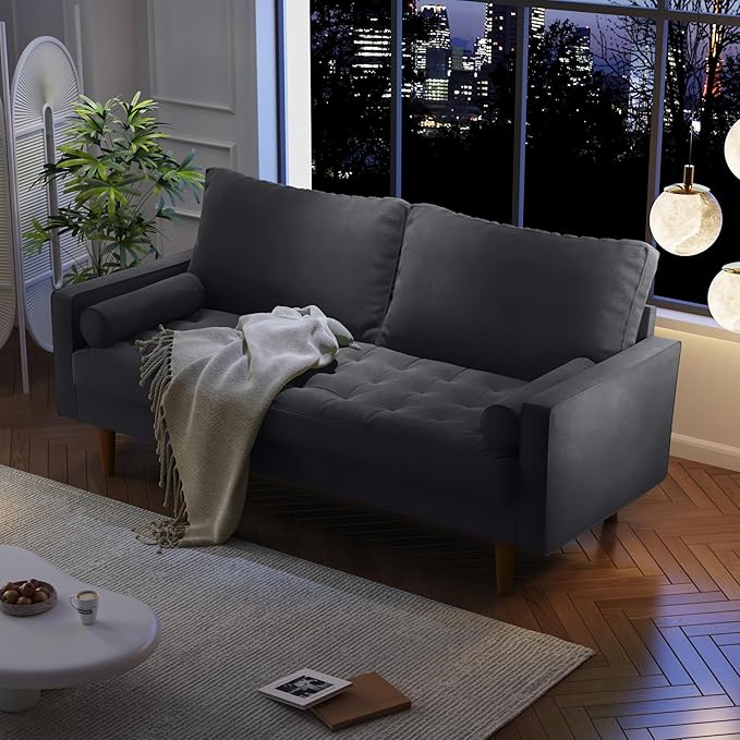 Velvet Furniture for Small Spaces, Mid-Century Modern Loveseats for Living Room, Love Seat Couch Sofas, 70 Inches, Grey - LeafyLoom