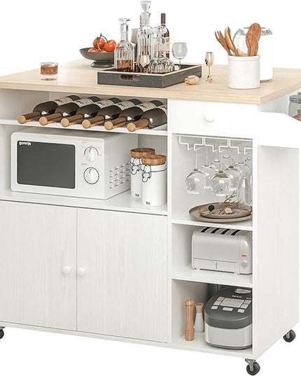 IRONCK Rolling Kitchen Island Cart with Drop-Leaf and Wine Rack, Microwave Rack Serving Cart on Wheels with Drawer & Shelves & Spice Rack & Cup Hanging, White - LeafyLoom