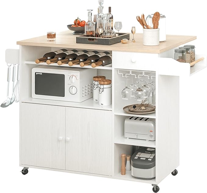 IRONCK Rolling Kitchen Island Cart with Drop-Leaf and Wine Rack, Microwave Rack Serving Cart on Wheels with Drawer & Shelves & Spice Rack & Cup Hanging, White - LeafyLoom