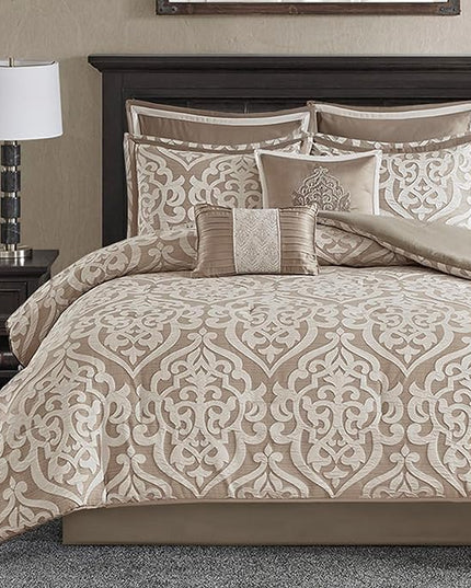 Madison Park Odette Cozy Comforter Set Jacquard Damask Medallion Design - Modern All Season, Down Alternative Bedding, Shams, Decorative Pillow, King(104 in x 92 in), Tan 8 Piece - LeafyLoom