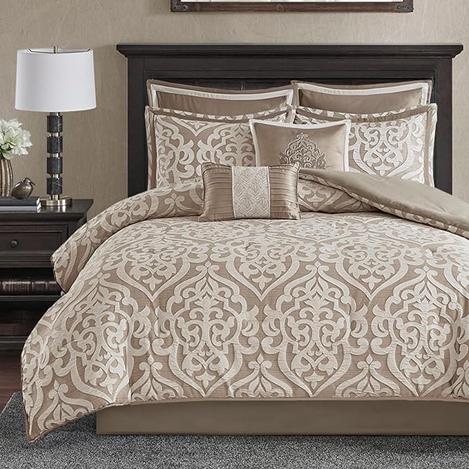 Madison Park Odette Cozy Comforter Set Jacquard Damask Medallion Design - Modern All Season, Down Alternative Bedding, Shams, Decorative Pillow, King(104 in x 92 in), Tan 8 Piece - LeafyLoom