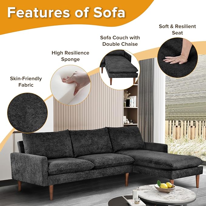 Sectional 86" Velvet Upholstered L-Shaped Sofa with Padded Cashmere,Multi-Functional 3 Seat Convertible Sleeper Couch w/Tapered Wood Legs and Adjustable Backrest,for Living Room,Black - LeafyLoom