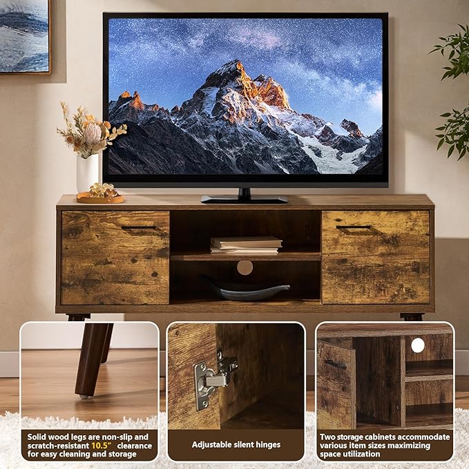 Stand for 35 55 inch Television, Modern Mid Century TV Table, with Adjustable Shelf Entertainment Center, and Two Storage Cabinets, for Living Rooms, Bedrooms, Old Pine - LeafyLoom