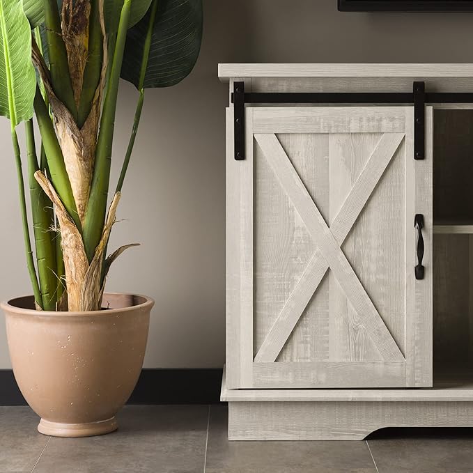 Walker Edison Richmond Modern Farmhouse Sliding Barn Door TV Stand for TVs up to 65 Inches, 58 Inch, Stone Grey - LeafyLoom