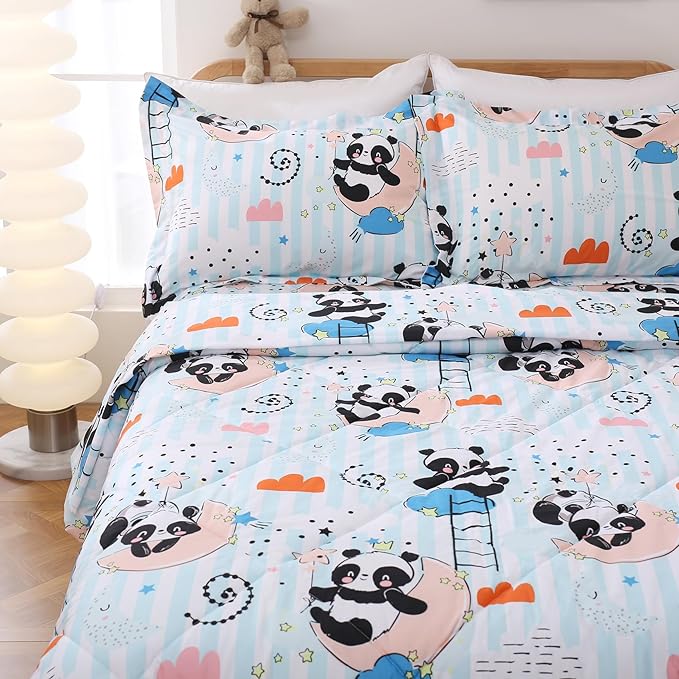 JSD Cute Panda Kids Comforter Set, 2 Pieces Twin Microfiber Comforter with Pillow Sham, Soft Comfortable Machine Washable - LeafyLoom