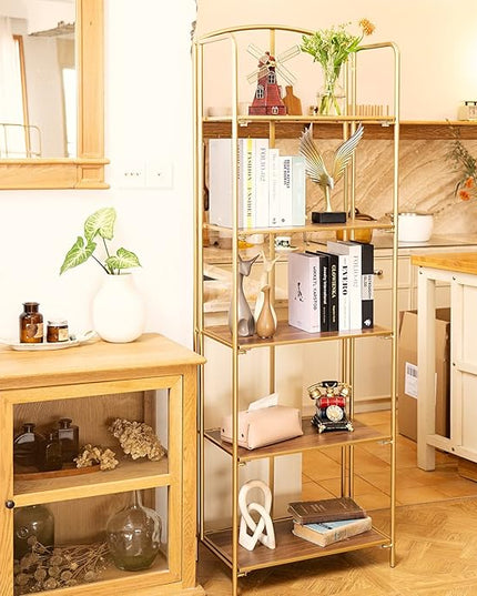 No Assembly Folding Bookshelf, 5 Tier Gold Bookshelf, Metal Book Shelf for Storage, Folding Bookcase for Office Organization and Storage, 12.87" D x 22.91" W x 68.1" H - LeafyLoom