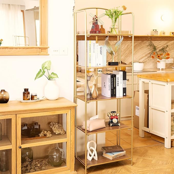 No Assembly Folding Bookshelf, 5 Tier Gold Bookshelf, Metal Book Shelf for Storage, Folding Bookcase for Office Organization and Storage, 12.87" D x 22.91" W x 68.1" H - LeafyLoom