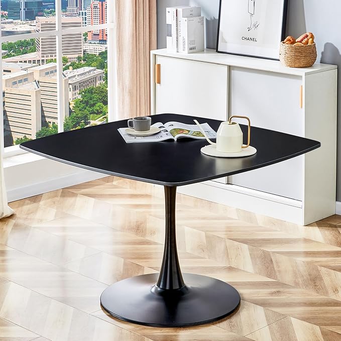 42 inch Black Square Pedestal Table for 4-6 Person, Mid Century Modern Table for Kitchen Dining Room - LeafyLoom