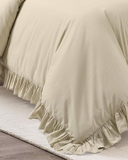 Lush Decor Reyna Ruffle 100% Cotton Duvet Cover Set - 3 Piece Cozy Ruffled Bedding Set - Timeless Elegance and Comfort - Full/ Queen, Wheat - LeafyLoom