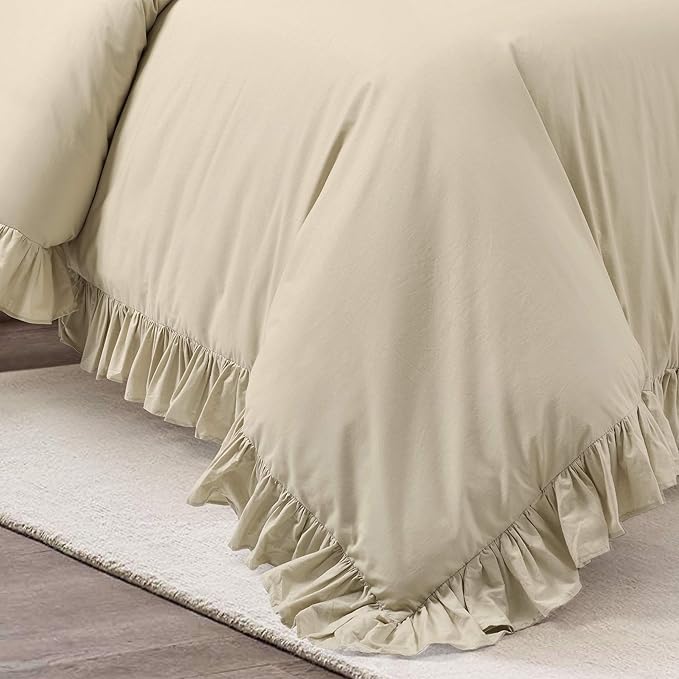 Lush Decor Reyna Ruffle 100% Cotton Duvet Cover Set - 3 Piece Cozy Ruffled Bedding Set - Timeless Elegance and Comfort - Full/ Queen, Wheat - LeafyLoom