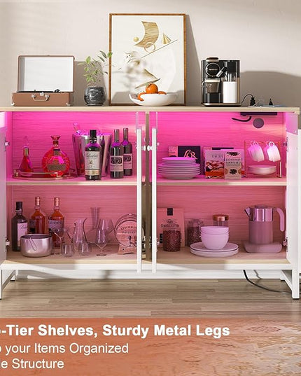 Aheaplus Sideboard Buffet Cabinet with Power Outlet, Kitchen Storage Cabinet with LED Light & Acrylic Doors, Accent Cabinet Cupboard Console Table for Dining Room, Kitchen, Hallway, Natural - LeafyLoom