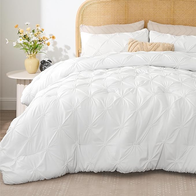 BEDELITE White Twin Comforter Set for Girls - 2 Peices Boho Pintuck Bedding Comforter Sets, Lightweight Soft & Warm Twin Bedding Sets with 1 Pillowcase for All Season - LeafyLoom