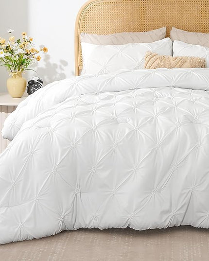 BEDELITE White King Size Comforter Set - 3 Pieces Boho Pintuck Bedding Comforter Sets, Lightweight Soft & Warm King Bedding Set with 2 Pillowcases for All Season - LeafyLoom