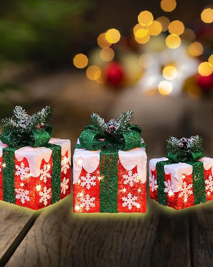 [Large 10"x8.5"x6.5" Christmas Set of 3 Lighted Gift Boxes Decorations Pre-lit 70 Super-Bright LED with Flashers,for Indoor Outdoor Christmas Tree Skirt Ornament Pathway Holiday Party Home GLOWNOVA
