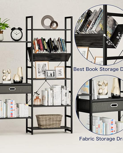 NUMENN Triple Wide 5 Tier Bookshelf, Adjustable Rustic Industrial Style Book Shelves, Modern Bookcases and Bookshelves Furniture for Bedroom, Living Room and Home Office, Elegant Black - LeafyLoom