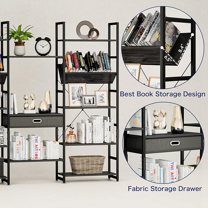 NUMENN Triple Wide 5 Tier Bookshelf, Adjustable Rustic Industrial Style Book Shelves, Modern Bookcases and Bookshelves Furniture for Bedroom, Living Room and Home Office, Elegant Black - LeafyLoom
