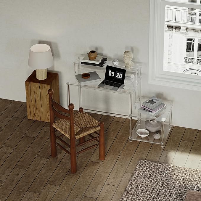 Eglaf Acrylic Desk with Printer Space - Home Office Desk Computer Desk with Power Outlet, Monitor Stand, for Study Working Writing Gaming, 44.5'' L x 18.9'' W x 35.8'' H, Clear - LeafyLoom