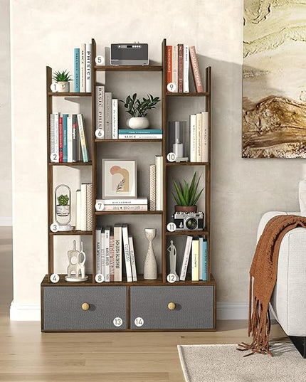 Unikito Bookshelf with 2 Drawers, Vintage Open Bookcase, Free Standing Book Shelf Organizer, Industrial Wood Bookshelves Storage Shelf, Book Case for Bedroom, Living Room, Home Office, Rustic Brown - LeafyLoom