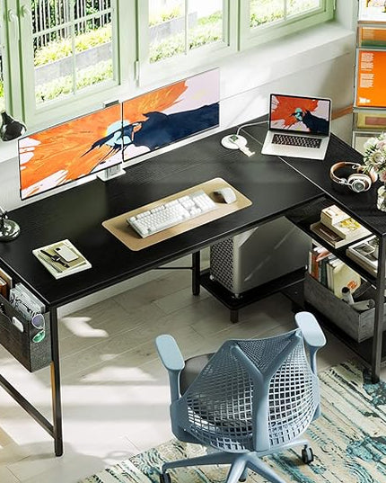 ODK 55 Inch Small L Shaped Computer Desk with Power Outlets, Corner Desk with PC Stand & Reversible Storage Shelves for Small Space Home Office Workstation, Modern Simple Writing Study Table, Black - LeafyLoom