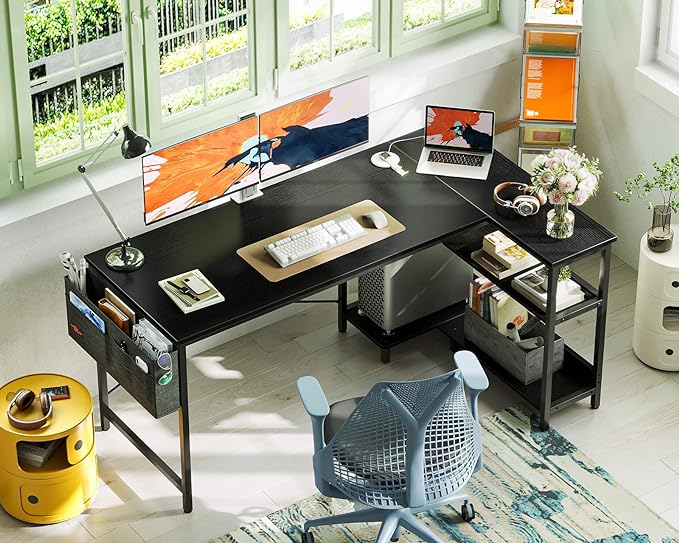 ODK 55 Inch Small L Shaped Computer Desk with Power Outlets, Corner Desk with PC Stand & Reversible Storage Shelves for Small Space Home Office Workstation, Modern Simple Writing Study Table, Black - LeafyLoom