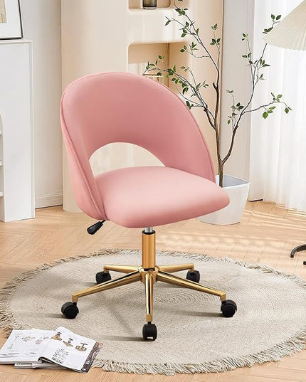 Furniliving Pink Vanity Chair, Cute Desk Chairs for Girls with Back, Rolling Upholstered Accent Chair for Living Room/Makeup Room/Bedroom, Pink - LeafyLoom