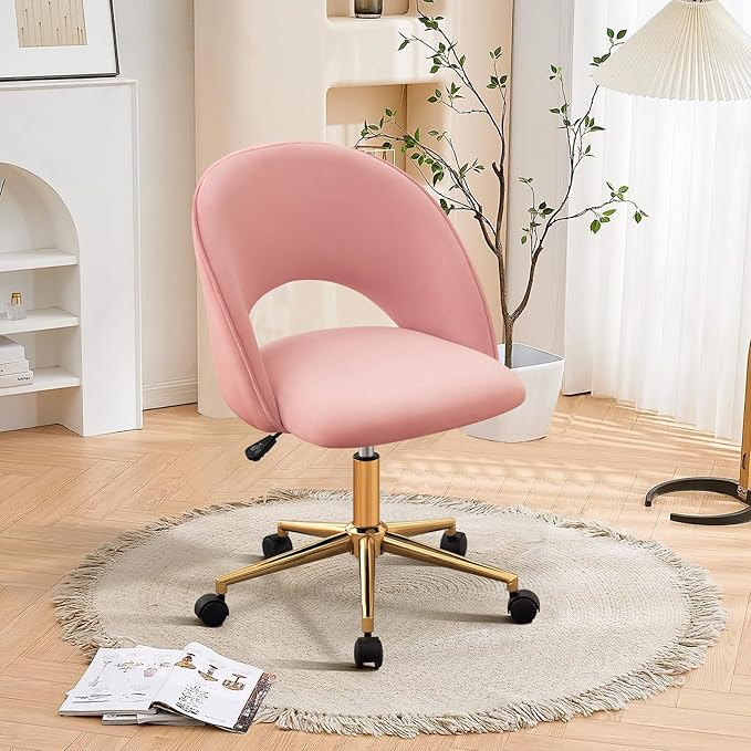 Furniliving Pink Vanity Chair, Cute Desk Chairs for Girls with Back, Rolling Upholstered Accent Chair for Living Room/Makeup Room/Bedroom, Pink - LeafyLoom