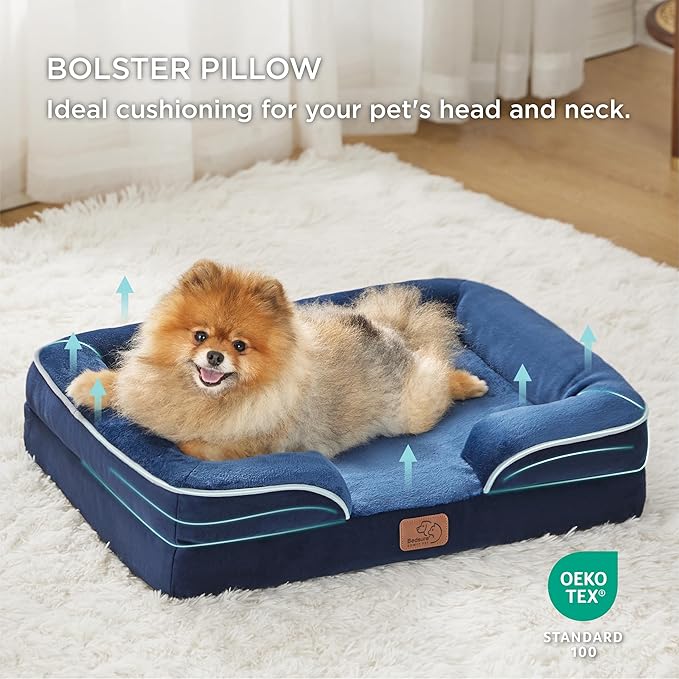Bedsure Small Orthopedic Dog Bed - Washable Bolster Dog Sofa Beds for Small Dogs, Supportive Foam Pet Couch Bed with Removable Washable Cover, Waterproof Lining and Nonskid Bottom Couch, Navy Blue BEDSURE