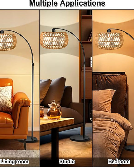 Arc Floor Lamp for Living Room, 3 Color Temperatures Farmhouse Standing Lamps with Remote & Dimmable Bulb, Rattan Boho Floor Lamp with Fabric Shades, Adjustable Tall Lamp for Bedroom Office - LeafyLoom