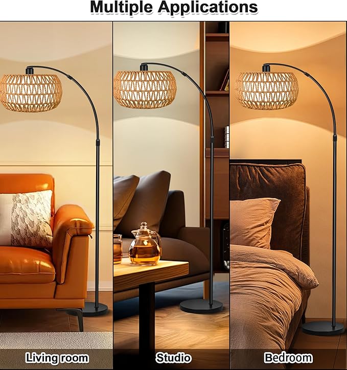 Arc Floor Lamp for Living Room, 3 Color Temperatures Farmhouse Standing Lamps with Remote & Dimmable Bulb, Rattan Boho Floor Lamp with Fabric Shades, Adjustable Tall Lamp for Bedroom Office - LeafyLoom