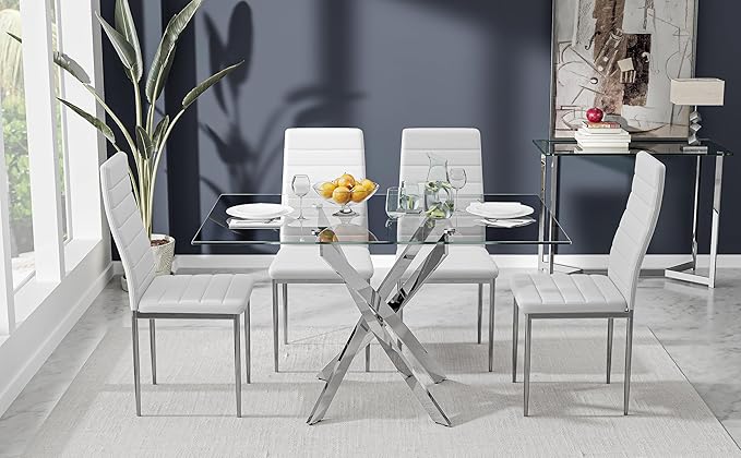 Tempered Glass Dining Table with Chromed Legs, 47in Rectangular Kitchen Table for Kitchen Dining Room Home Office (47.24 * 27.55, White/Silver) - LeafyLoom