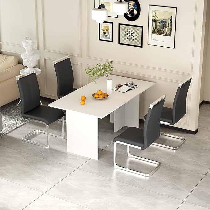 Dining Chairs Set, Kitchen Modern Metal Chairs with Faux Leather Padded Seat High Back and Sturdy Chrome Legs, Chairs for Dining Room (Black, Set of 4) - LeafyLoom