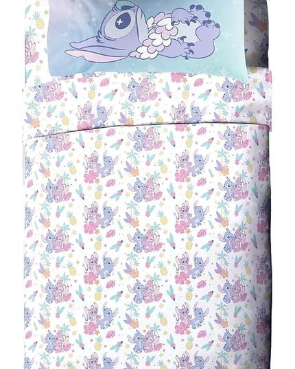 Disney Lilo and Stitch Full Size Comforter Set - 7 Piece Floral Bedding includes Sheet Set & Pillow Covers Features Angel - Super Soft Purple & Teal Stars Kids Bedding - LeafyLoom