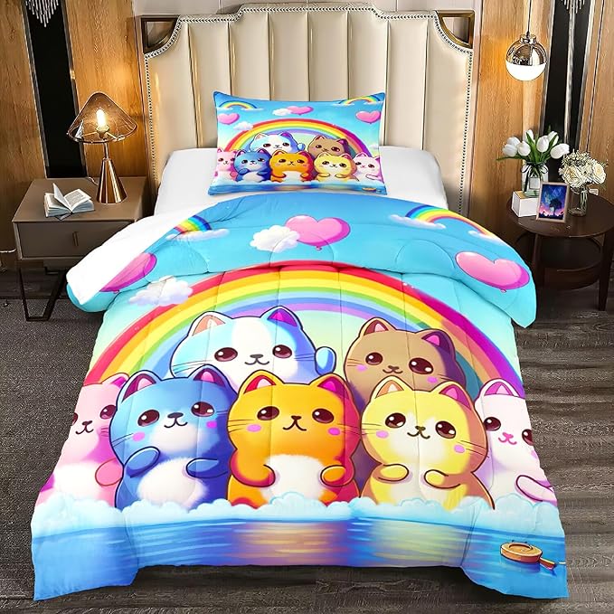 Rainbow Cat Comforter Twin Size - Rainbow Cat Bedding for Girls Room Cute Cartoon Rainbow Bedding Twin Comforter Sets for Kids, 1 Comforter+1 Pillowcase - LeafyLoom