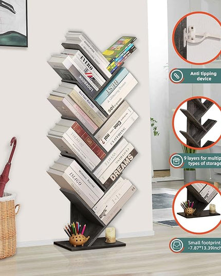 10 Tier Tree Book Shelf, Floor Standing Wood Bookshelf for Narrow Space, Storage Organizer Bookshelves for Books/CDs/Magazine, Bookcase with Shelves for Home Office, Living Room - Light Grey - LeafyLoom