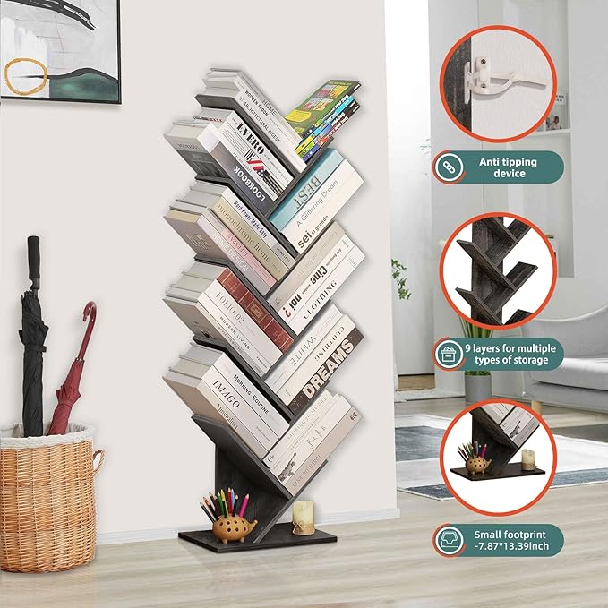10 Tier Tree Book Shelf, Floor Standing Wood Bookshelf for Narrow Space, Storage Organizer Bookshelves for Books/CDs/Magazine, Bookcase with Shelves for Home Office, Living Room - Light Grey - LeafyLoom