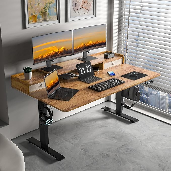 63×30 Inch Electric Standing Desk with 2 Drawers, Adjustable Height Widened Stand Up Desk with Storage Shelf, Sit to Stand Ergonomic Workstation for Home Office - LeafyLoom