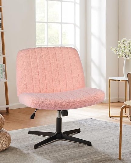 Sweetcrispy Criss Cross Chair Legged, Armless Office Desk Chair No Wheels, Swivel Vanity Chair, Height Adjustable Wide Seat Computer Task Chair, Fabric Vanity Modern Home Chair Pink - LeafyLoom