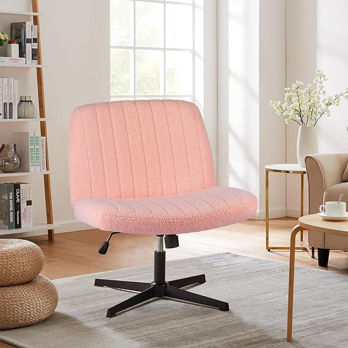 Sweetcrispy Criss Cross Chair Legged, Armless Office Desk Chair No Wheels, Swivel Vanity Chair, Height Adjustable Wide Seat Computer Task Chair, Fabric Vanity Modern Home Chair Pink - LeafyLoom