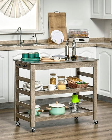 HOMCOM Rolling Kitchen Cart with Stainless Steel Countertop, 1 Bottom Shelf, 1 Slotted Middle Shelf and 4 Castor Wheels, Grey - LeafyLoom