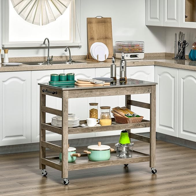 HOMCOM Rolling Kitchen Cart with Stainless Steel Countertop, 1 Bottom Shelf, 1 Slotted Middle Shelf and 4 Castor Wheels, Grey - LeafyLoom