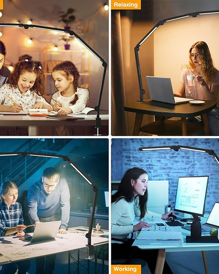 LED Desk Lamp with Clamp,Adjustable Swing Arm Desk Lamps for Home Office,Dimmable Tempering Eye Care Desk Light,Bright Modern Led Table Lamp for Nail Tech Architect,Flexible Tall Task Table Light - LeafyLoom